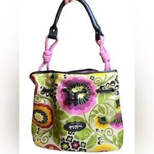 Spartina 449 Floral Print Canvas Leather trim drawstring bucket bag